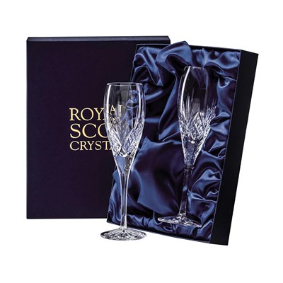 2 Royal Scot Crystal Champagne Flutes - Highland - PRESENTATION BOXED